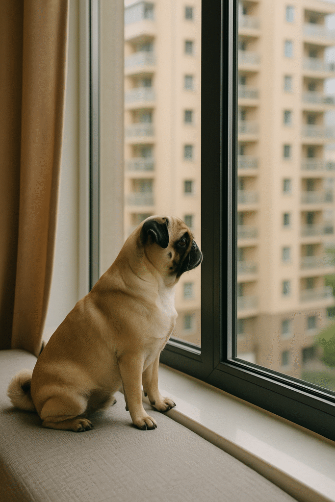 Pug em apartamento aproveitando espaço adaptado com conforto