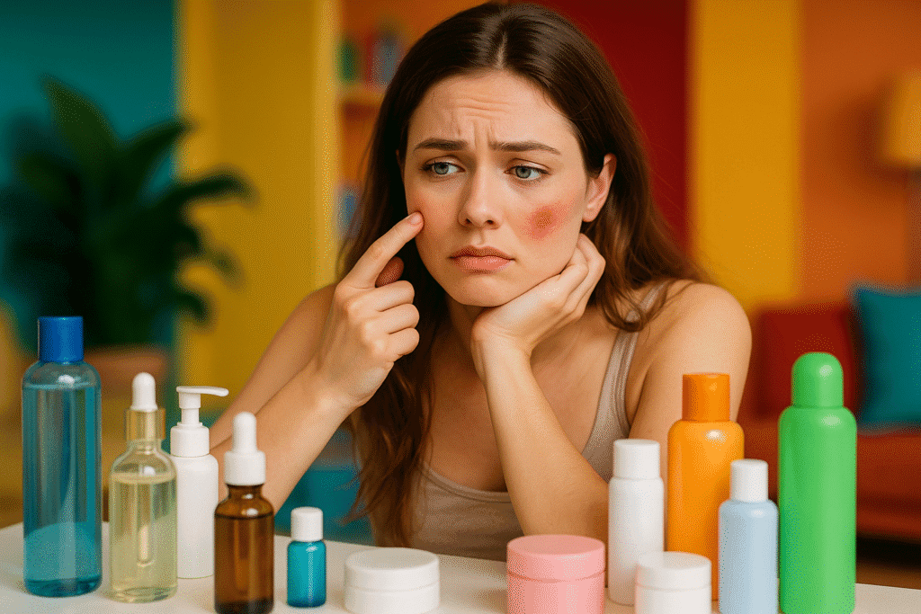 Mulher preocupada após notar que produtos demais pode prejudicar sua pele