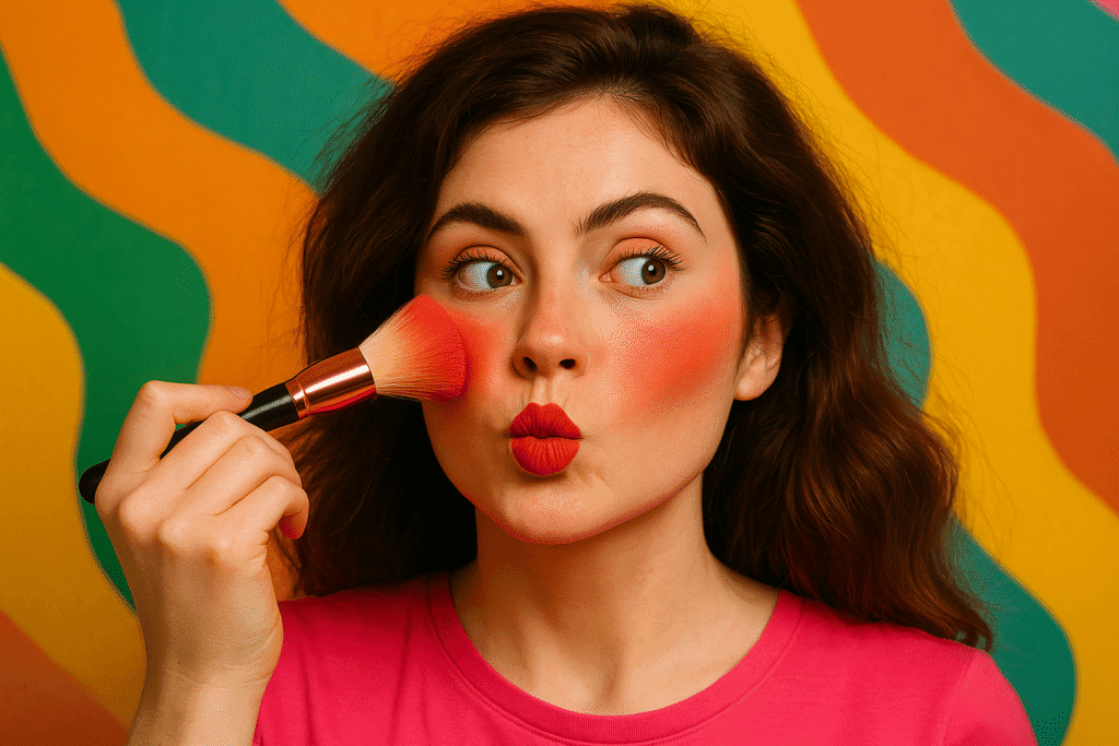 Uma mulher sorrindo sutilmente, com um tom de blush pêssego que ilumina e aquece suas maçãs do rosto, transmitindo uma imagem acolhedora.