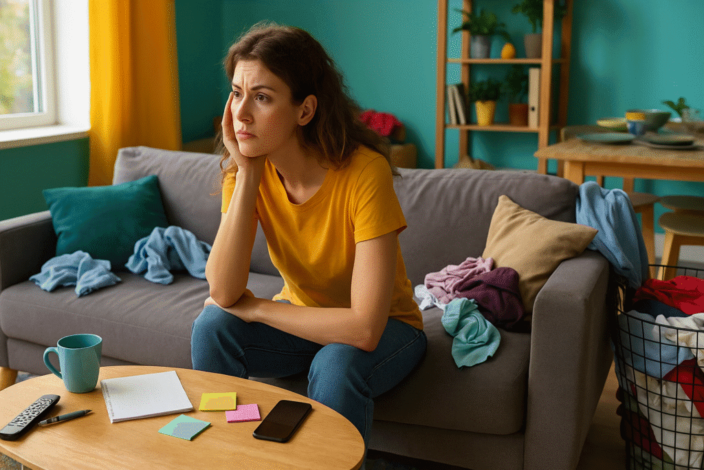 Sala de estar com um ambiente bagunçado, com objetos espalhados, ilustrando como a desordem consome a energia mental